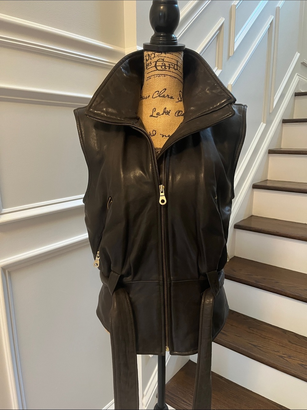 Andrew Marc Black Leather Zip-Front Belted Vest